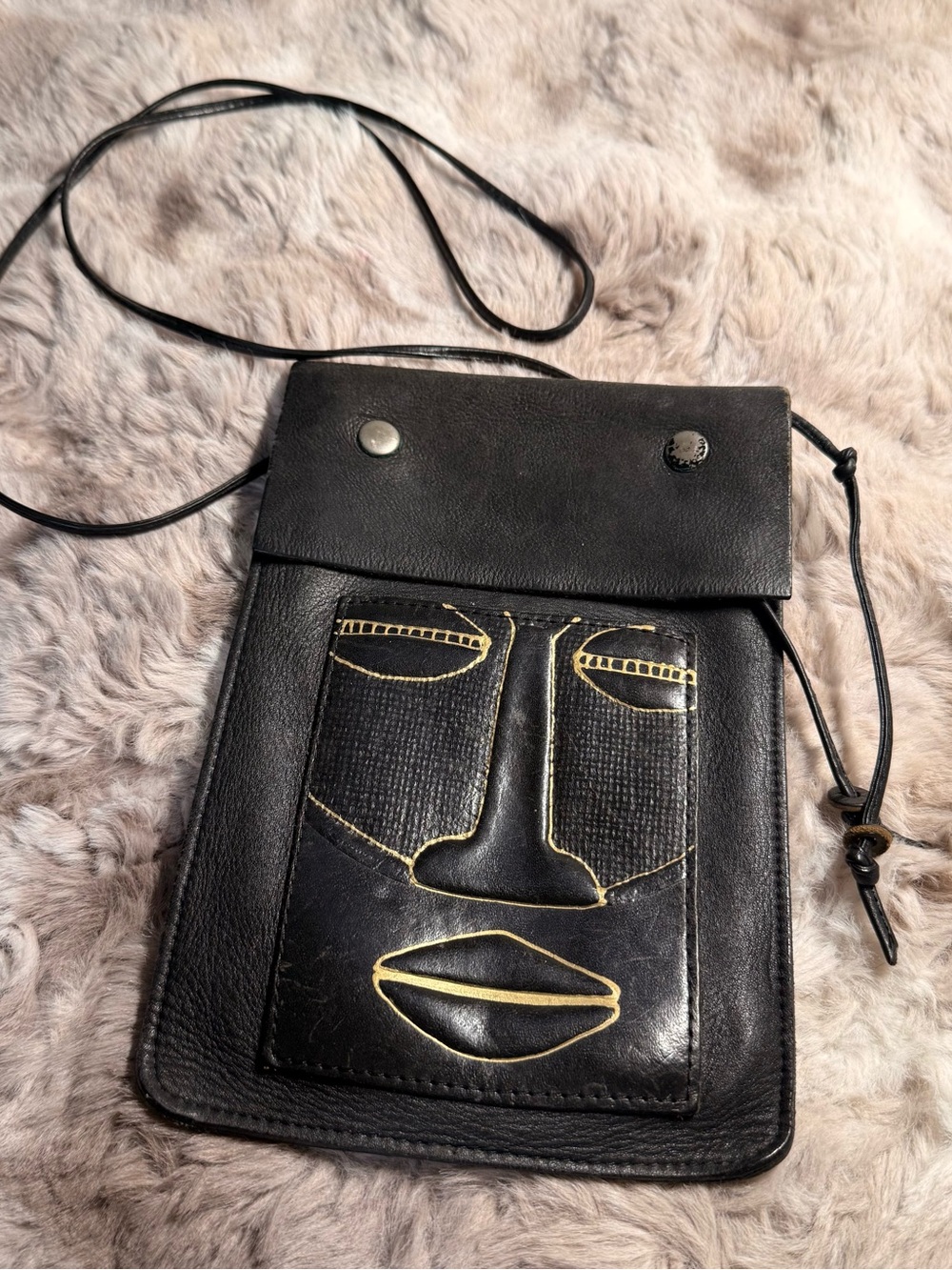 Crossbody Bag Leather Mask Handcrafted African Tribal Face- scratches on buttons